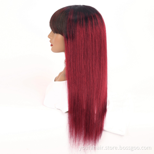 180% Density Brazilian Remy Straight Hair Non Lace Wig with Bangs 1B Red Burgundy Full Machine Made Human Hair Wigs for Women